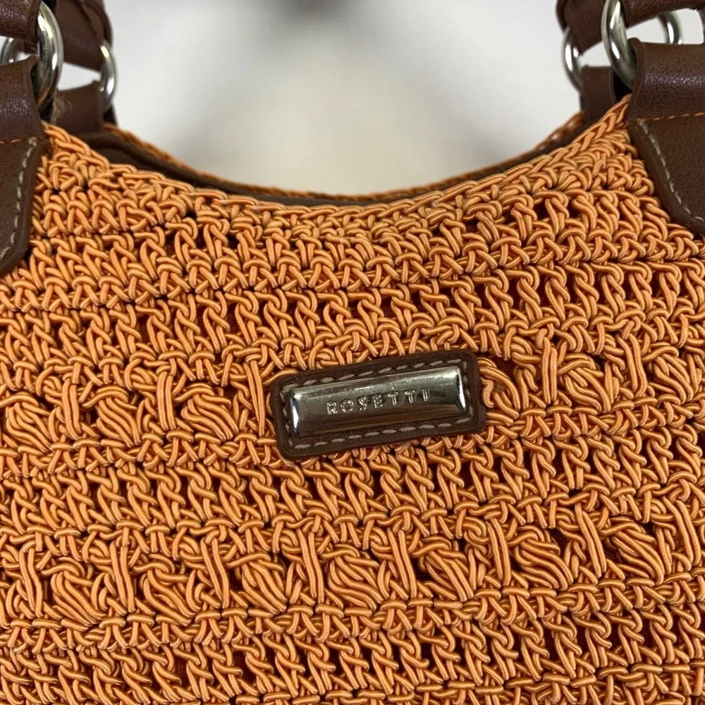 Rosetti Orange Woven Satchel Bag Purse Brown Faux Leather‎ Handle Small